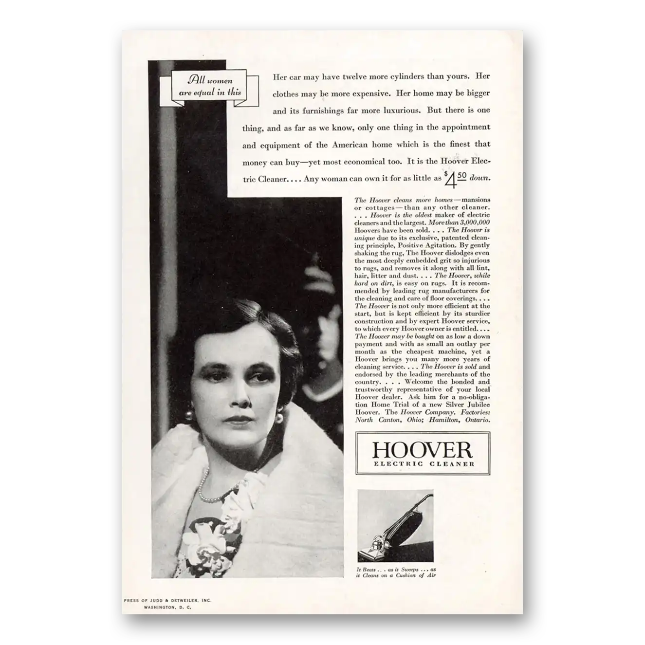 1933 Hoover Vacuum All Women Are Equal In This Vintage Magazine Print Ad