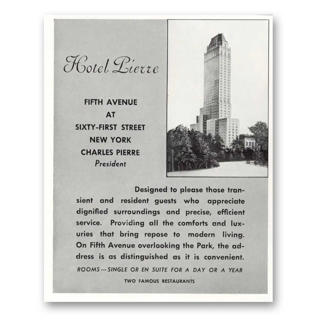 1933 Hotel Pierre Fifth Avenue New York Vintage Magazine Print Ad