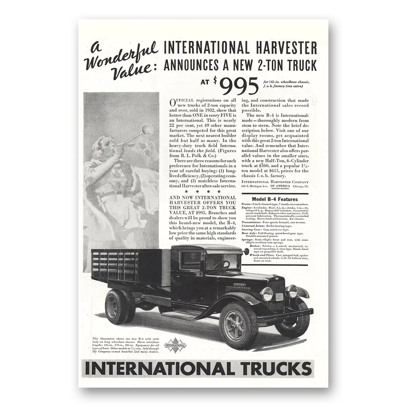 1933 International Trucks Ton Truck Vintage Magazine Print Ad