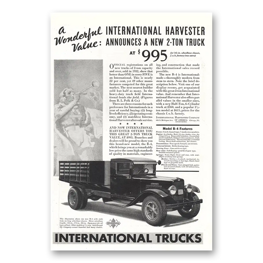 1933 International Trucks Ton Truck Vintage Magazine Print Ad