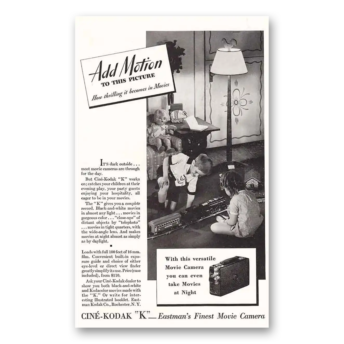 1933 Cine Kodak K Camera Add Motion Toy Train Vintage Magazine Print Ad