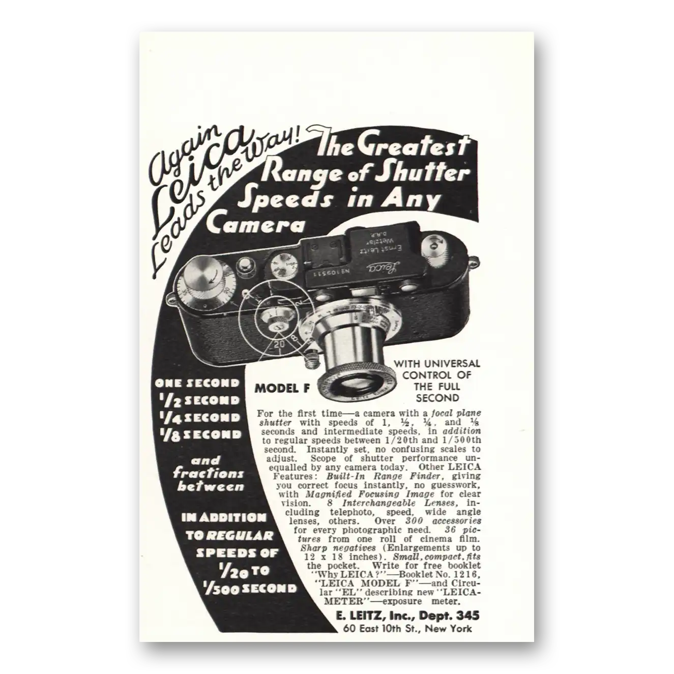 1933 Leica Cameras Greatest Range of Shutter Speeds Vintage Magazine Print Ad