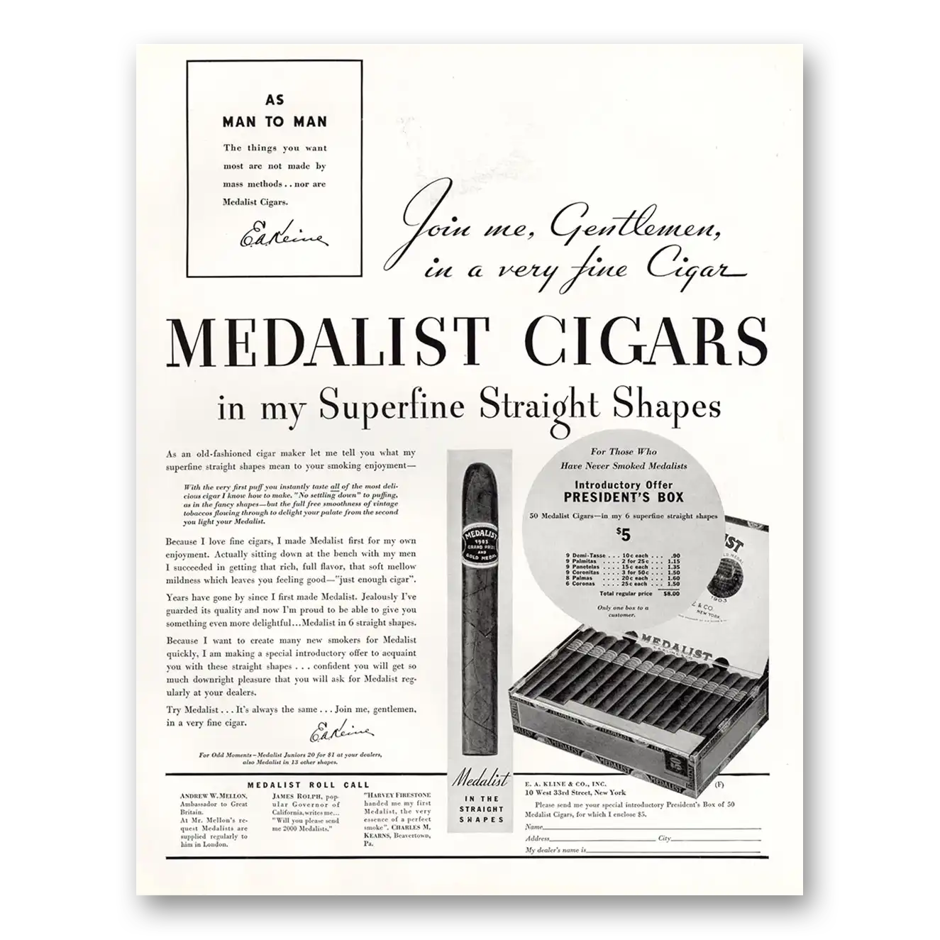 1933 Medalist Cigars As Man to Man Vintage Magazine Print Ad