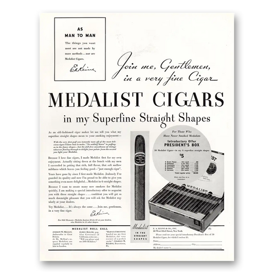 1933 Medalist Cigars As Man to Man Vintage Magazine Print Ad