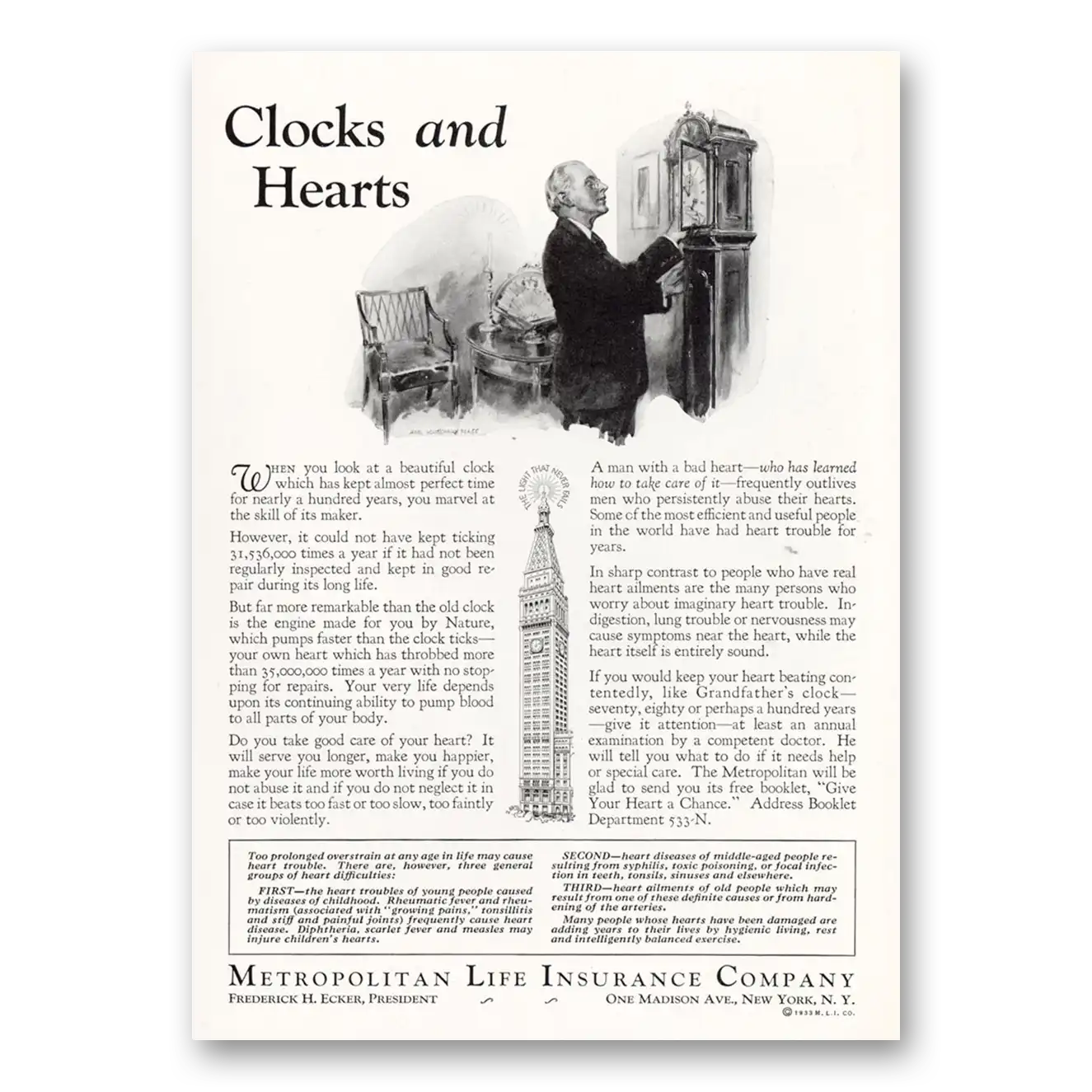 1933 Metropolitan Life Insurance Clocks and Hearts Vintage Magazine Print Ad