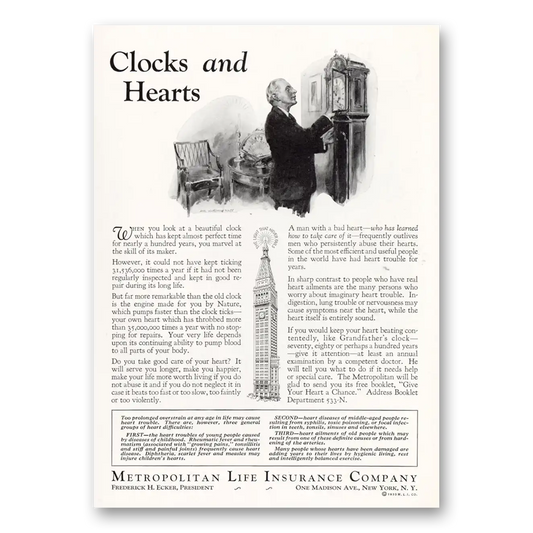 1933 Metropolitan Life Insurance Clocks and Hearts Vintage Magazine Print Ad