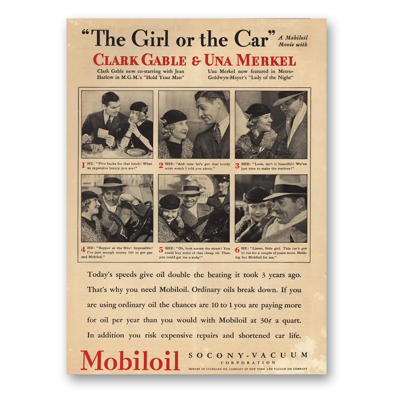 1933 Mobiloil Clark Gable and Una Merkel Vintage Magazine Print Ad