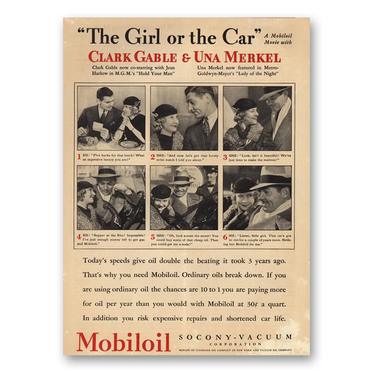 1933 Mobiloil Clark Gable and Una Merkel Vintage Magazine Print Ad