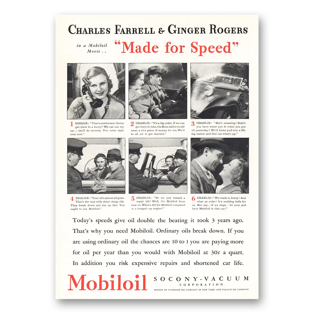 1933 Mobiloil Charles Farrell and Ginger Rogers Vintage Magazine Print Ad