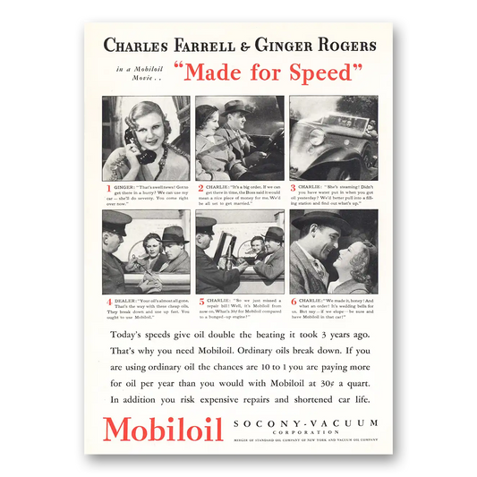 1933 Mobiloil Charles Farrell and Ginger Rogers Vintage Magazine Print Ad