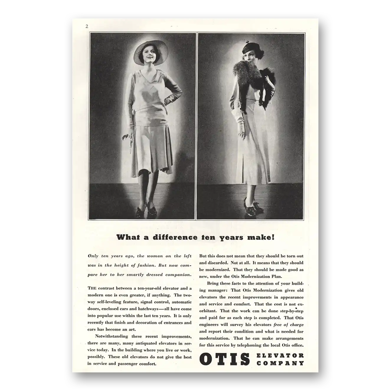 1933 Otis Elevator Difference Ten Years Make Vintage Magazine Print Ad