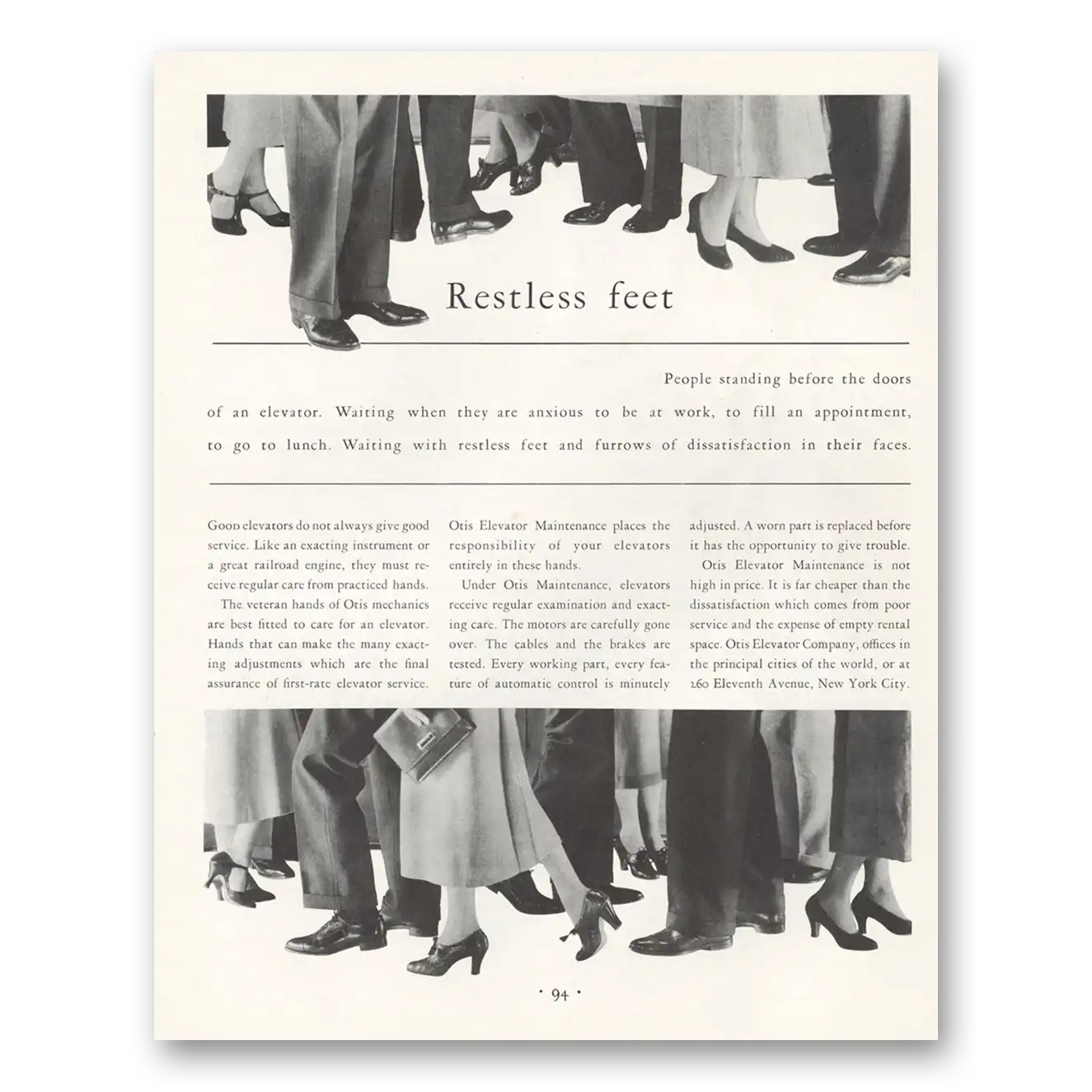 1933 Otis Elevator Restless Feet Vintage Magazine Print Ad