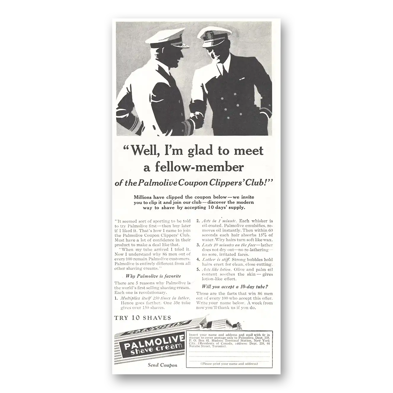 1933 Palmolive Shaving Cream Coupon Clippers Club Vintage Magazine Print Ad