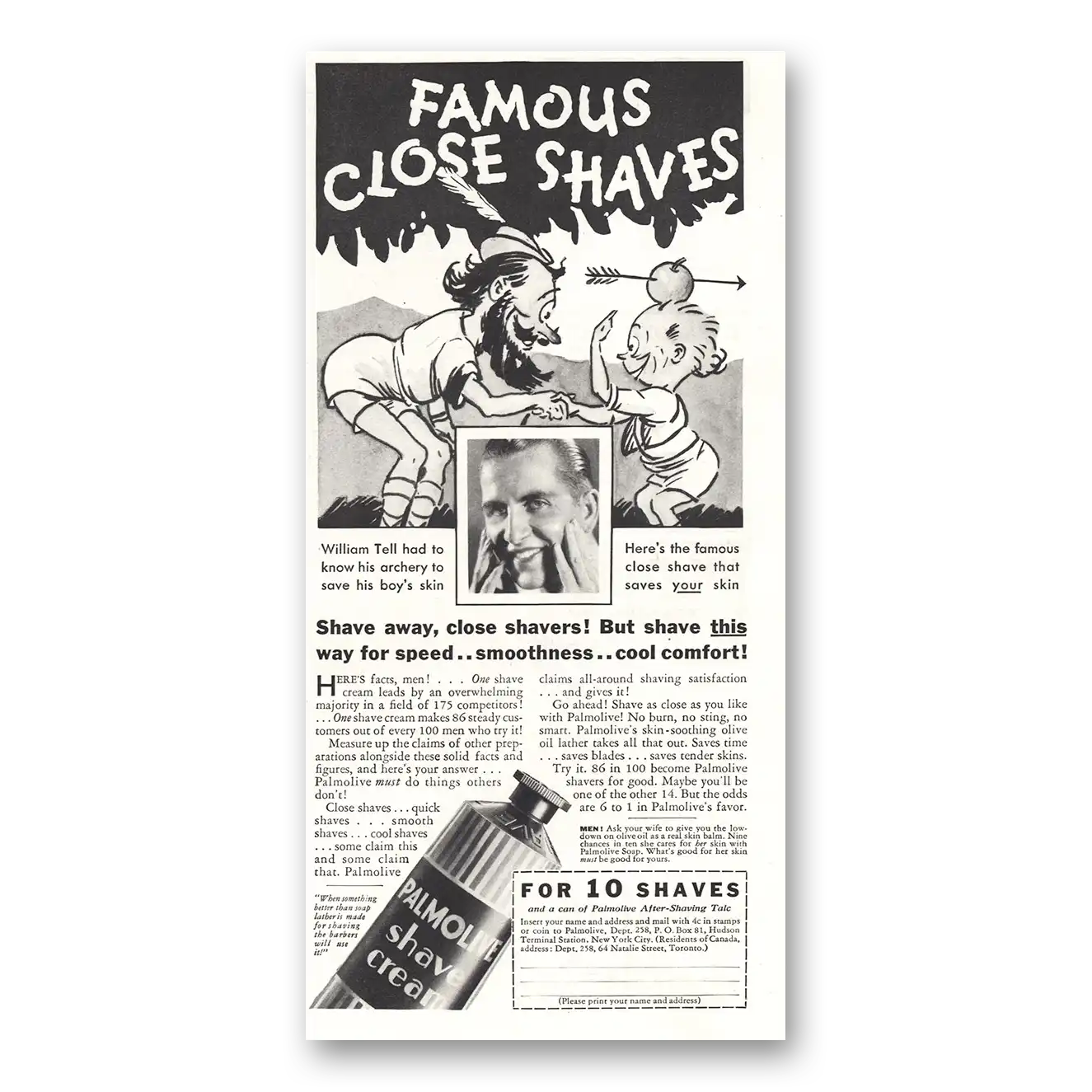 1933 Palmolive Shaving Cream William Tell Archery Vintage Magazine Print Ad