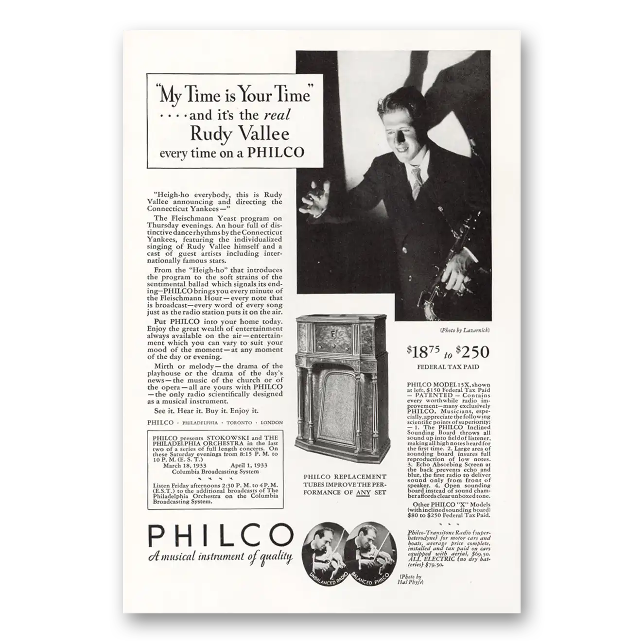 1933 Philco Radio My Time Is Your Time Rudy Vallee Vintage Magazine Print Ad