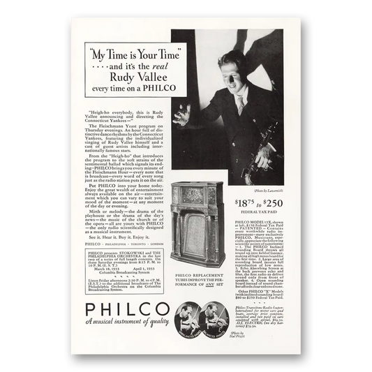 1933 Philco Radio My Time Is Your Time Rudy Vallee Vintage Magazine Print Ad