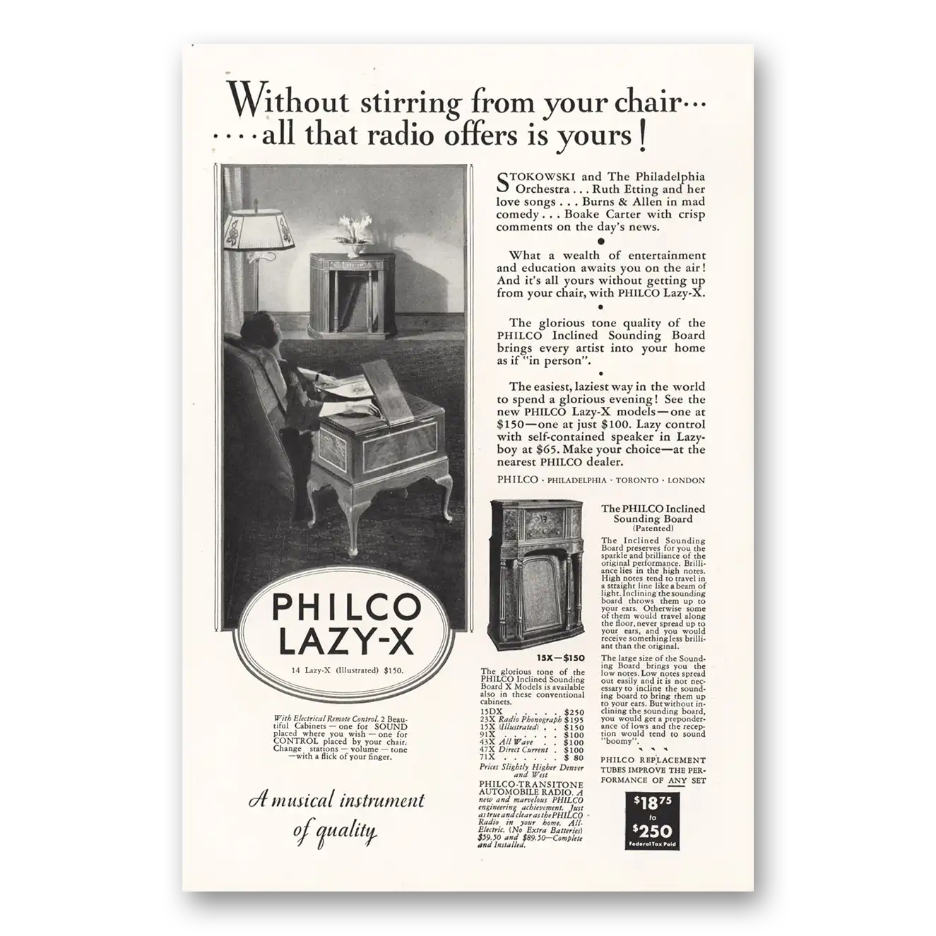 1933 Philco Radio Lazy X Without Stirring From Your Chair Vintage Magazine Print Ad