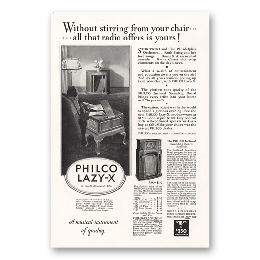 1933 Philco Radio Lazy X Without Stirring From Your Chair Vintage Magazine Print Ad