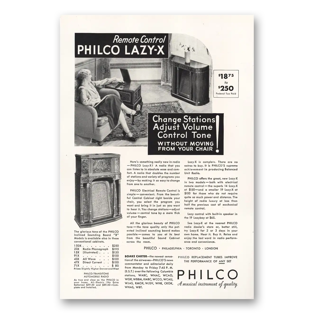 1933 Philco Radio Lazy X Remote Control Change Stations Vintage Magazine Print Ad