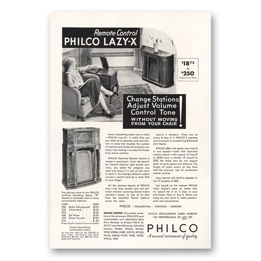 1933 Philco Radio Lazy X Remote Control Change Stations Vintage Magazine Print Ad