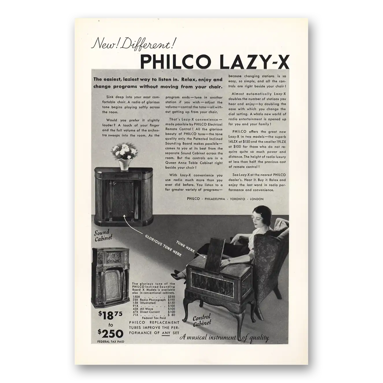 1933 Philco Radio Lazy X Laziest Way to Listen In Vintage Magazine Print Ad