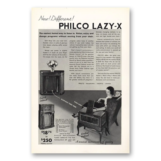 1933 Philco Radio Lazy X Laziest Way to Listen In Vintage Magazine Print Ad