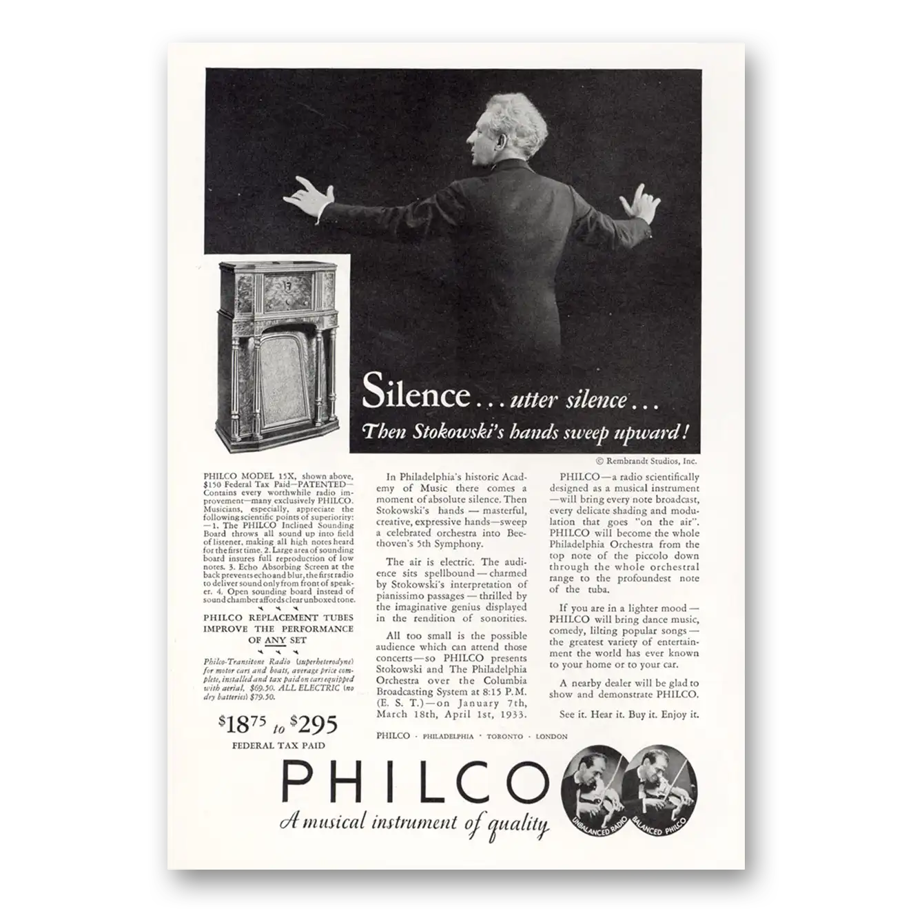 1933 Philco Radio Utter Silence Then Stokowskis Bands Sweep Upward Vintage Magazine Print Ad