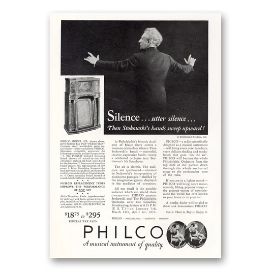 1933 Philco Radio Utter Silence Then Stokowskis Bands Sweep Upward Vintage Magazine Print Ad