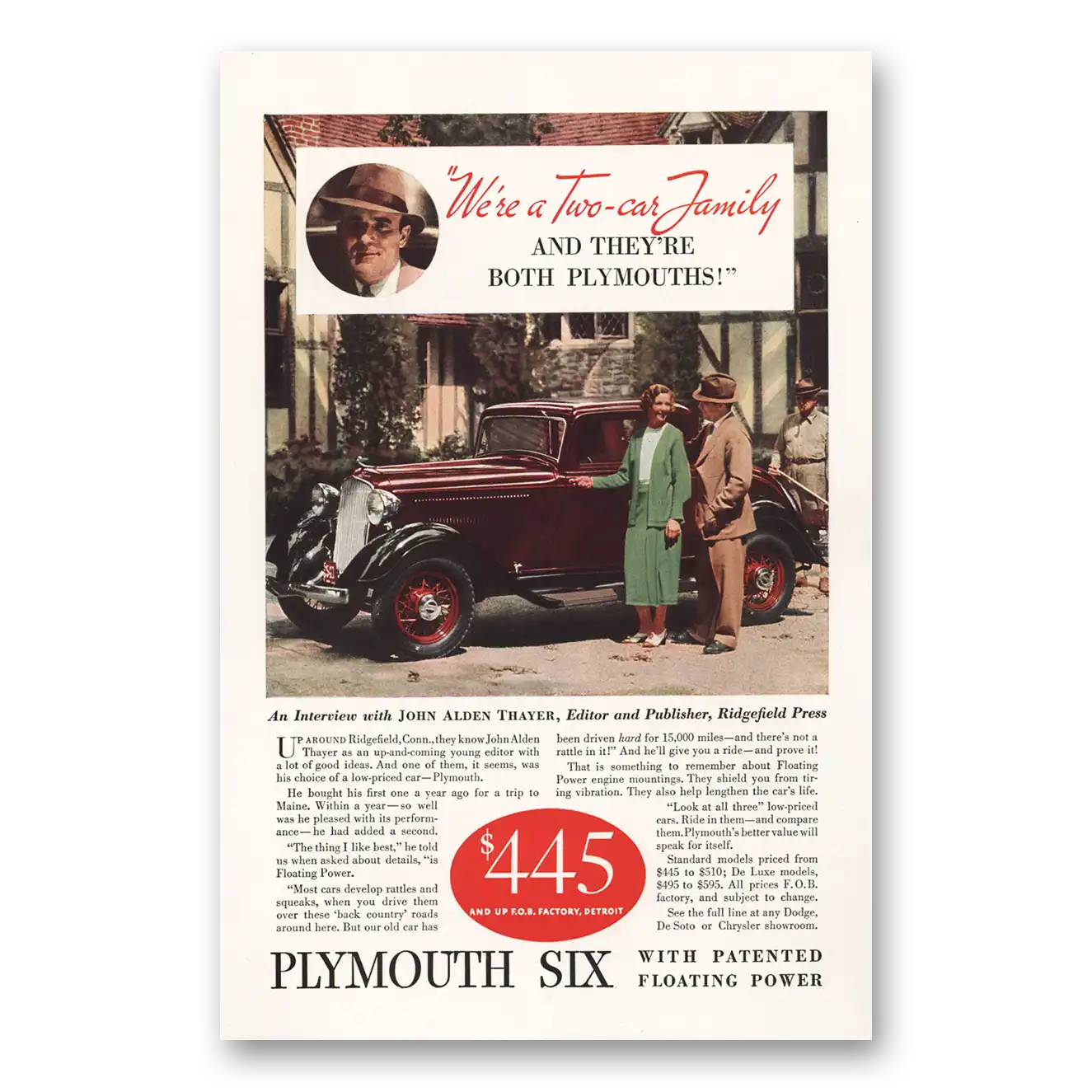 1933 Plymouth Six We're a Two Car Family Vintage Magazine Print Ad