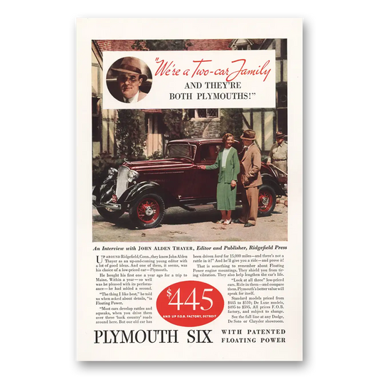 1933 Plymouth Six We're a Two Car Family Vintage Magazine Print Ad