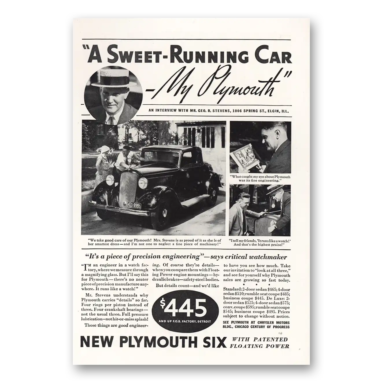 1933 Plymouth Six Sweet Running Car Elgin Illinois Vintage Magazine Print Ad