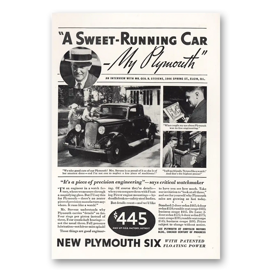 1933 Plymouth Six Sweet Running Car Elgin Illinois Vintage Magazine Print Ad