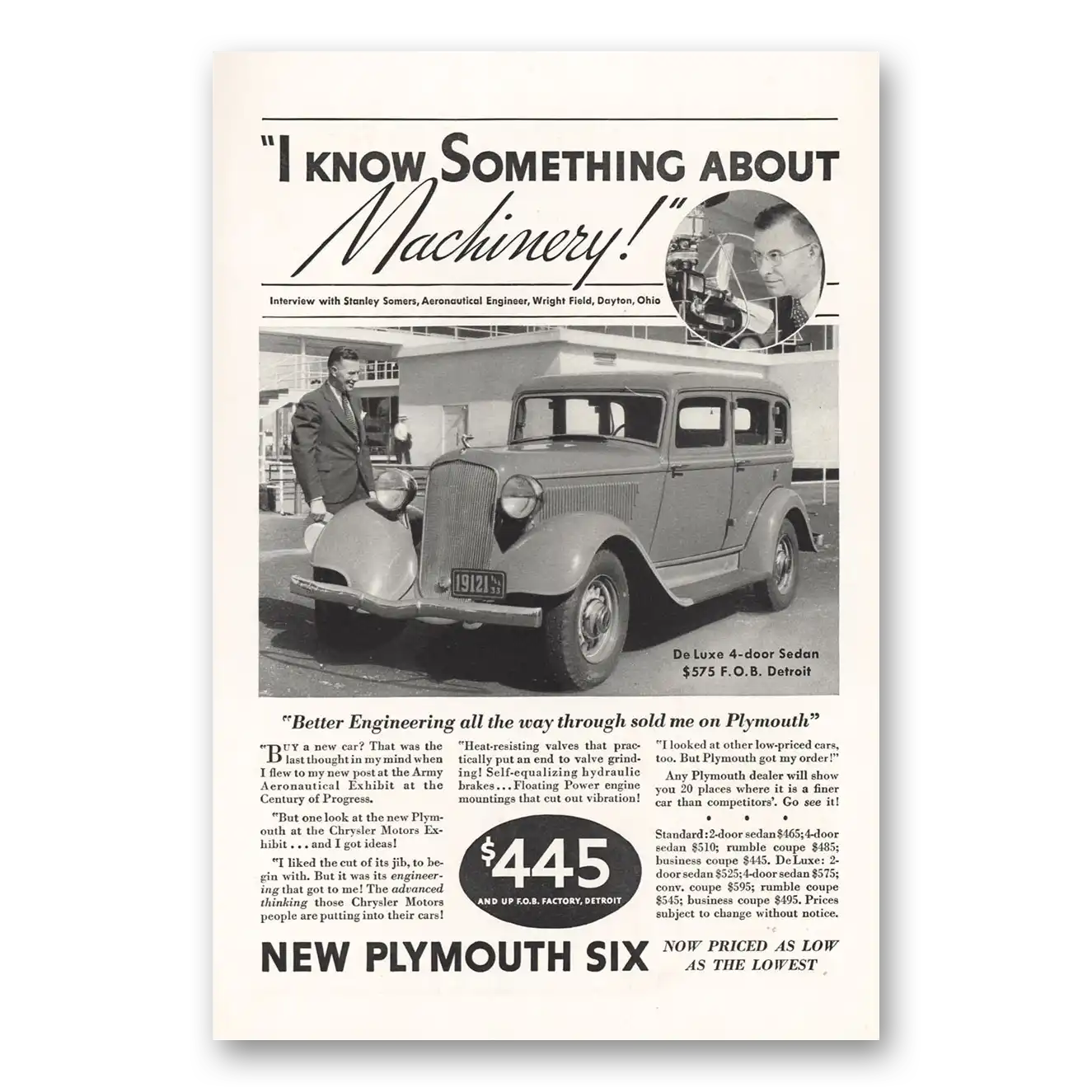 1933 Plymouth Six I Know Something About Machinery Vintage Magazine Print Ad