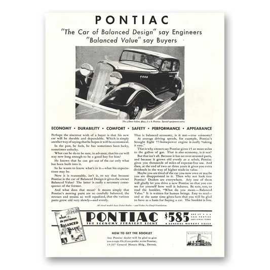 1933 Pontiac Straight Eight Car of Balanced Design Vintage Magazine Print Ad