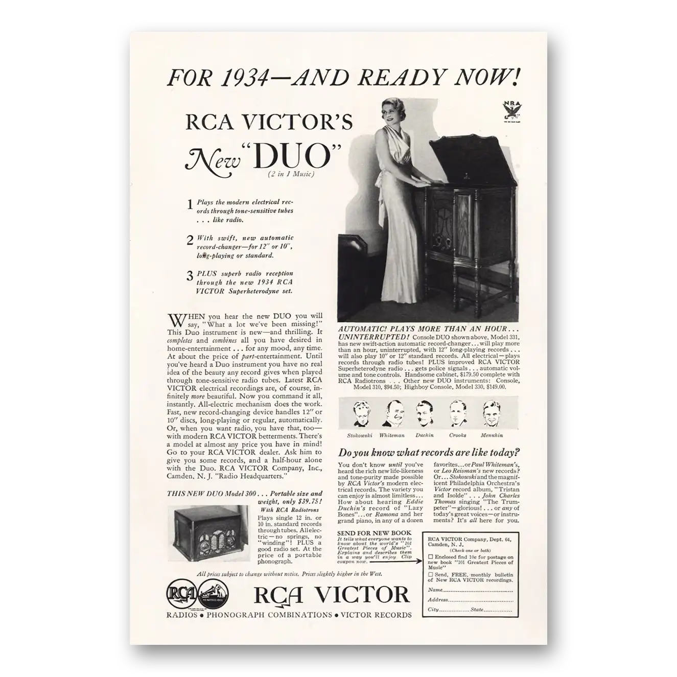 1933 RCA Victor Radios Duo Plays More Than an Hour Uninterrupted Vintage Magazine Print Ad