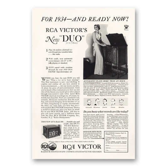 1933 RCA Victor Radios Duo Plays More Than an Hour Uninterrupted Vintage Magazine Print Ad