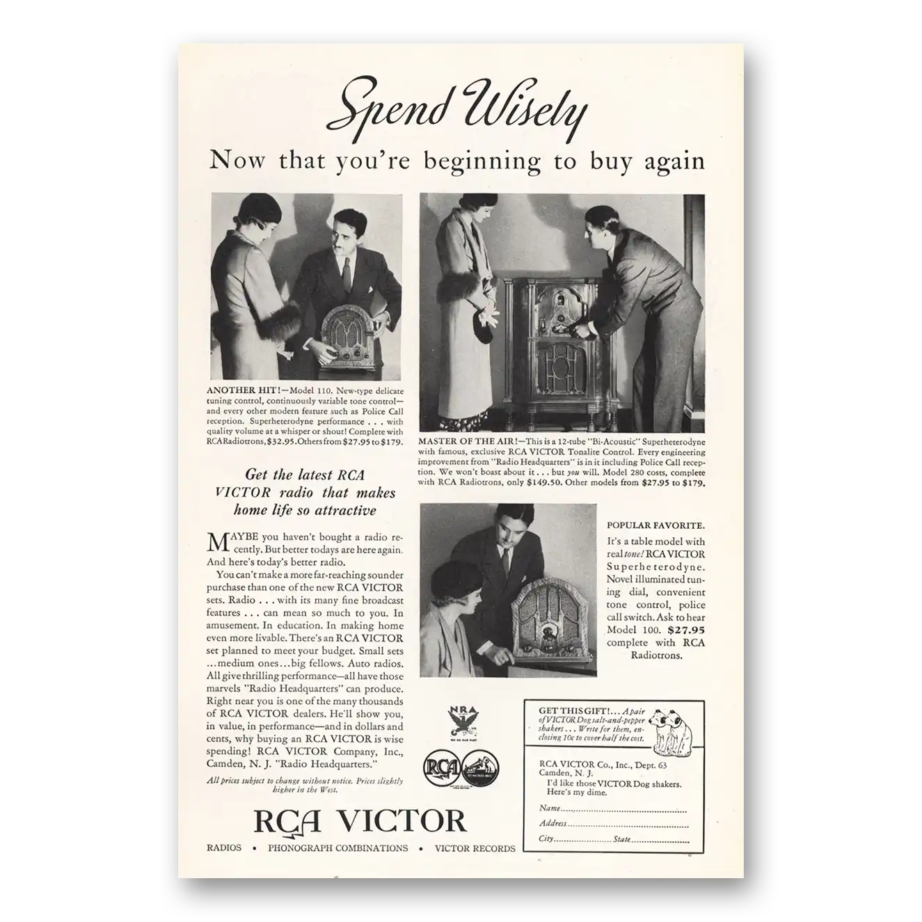 1933 RCA Victor Radios Spend Wisely Beginning to Buy Again Vintage Magazine Print Ad