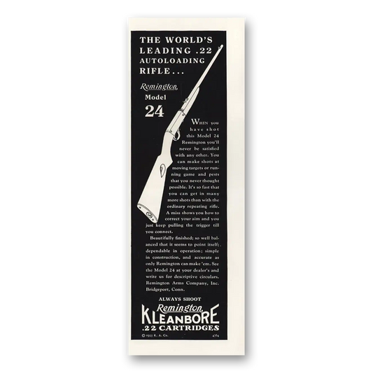 1933 Remington Arms Kleanbore Cartridges 22 Autoloading Rifle Vintage Magazine Print Ad