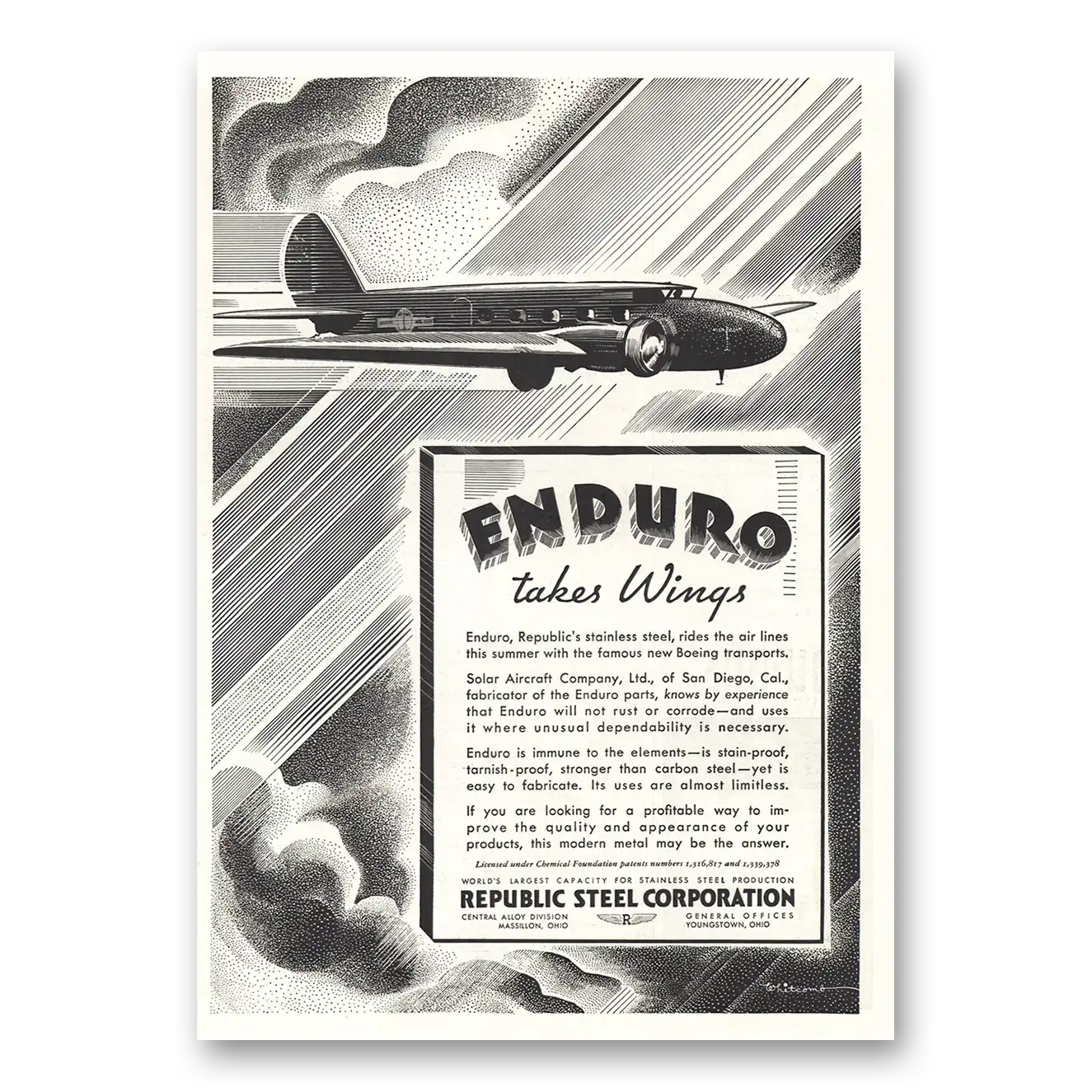 1933 Republic Steel Enduro Takes Wings Vintage Magazine Print Ad