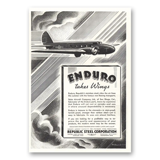 1933 Republic Steel Enduro Takes Wings Vintage Magazine Print Ad