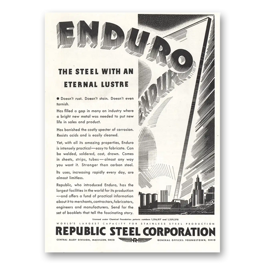 1933 Republic Steel Enduro Eternal Lustre Vintage Magazine Print Ad