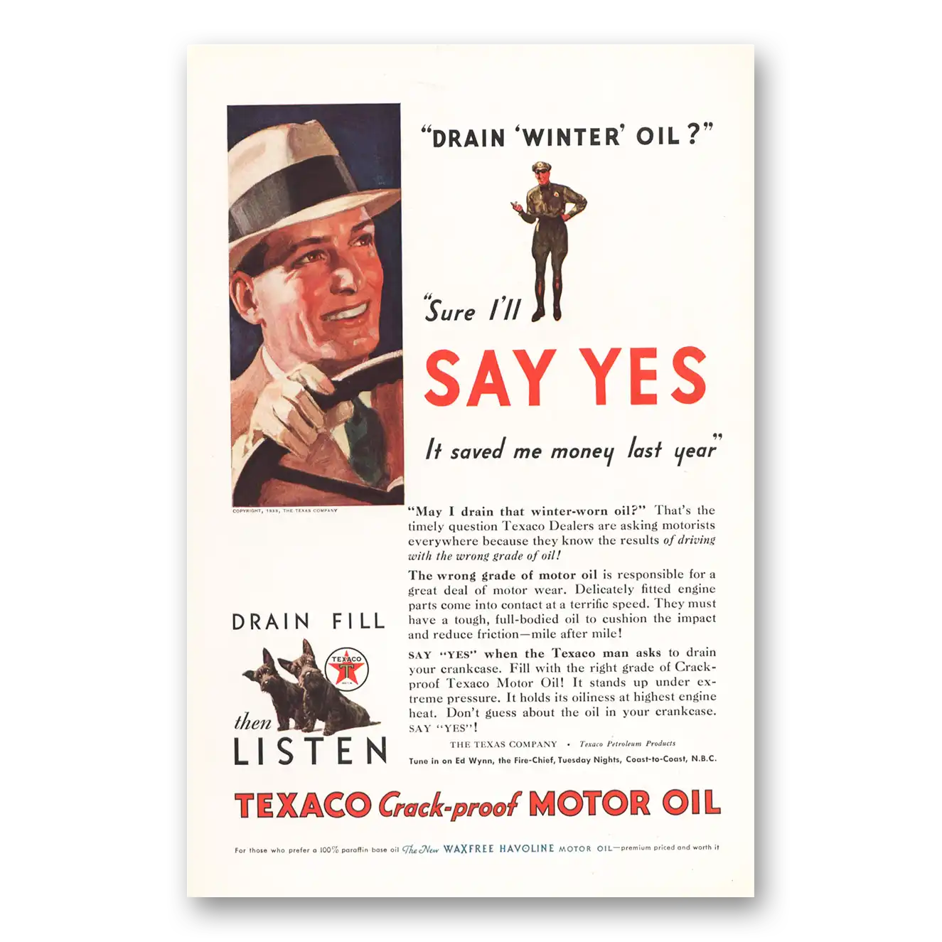 1933 Texaco Motor Oil Drain Winter Oil Say Yes Vintage Magazine Print Ad