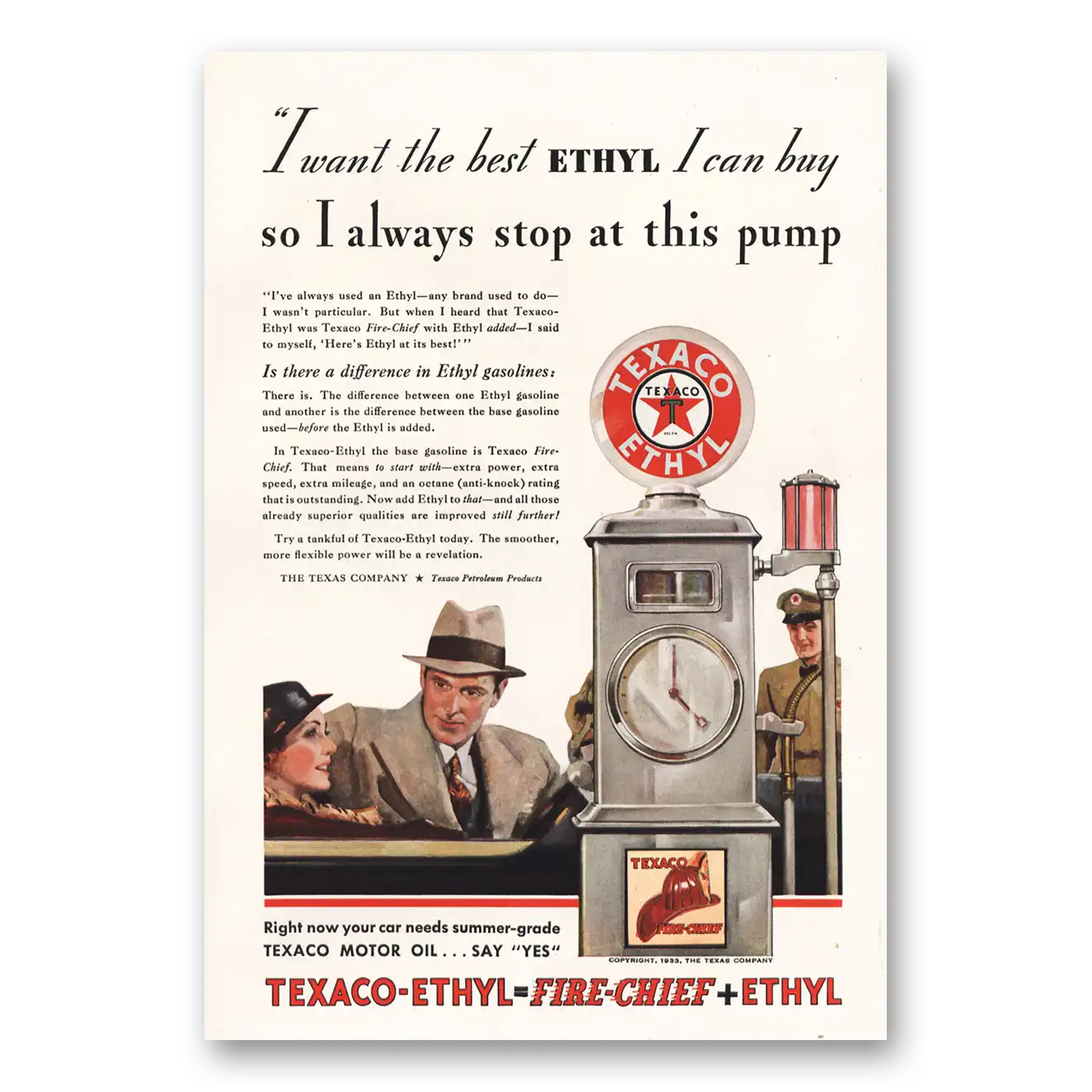 1933 Texaco Fire Chief Gasoline I Always Stop at This Pump Vintage Magazine Print Ad