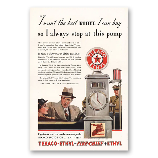 1933 Texaco Fire Chief Gasoline I Always Stop at This Pump Vintage Magazine Print Ad