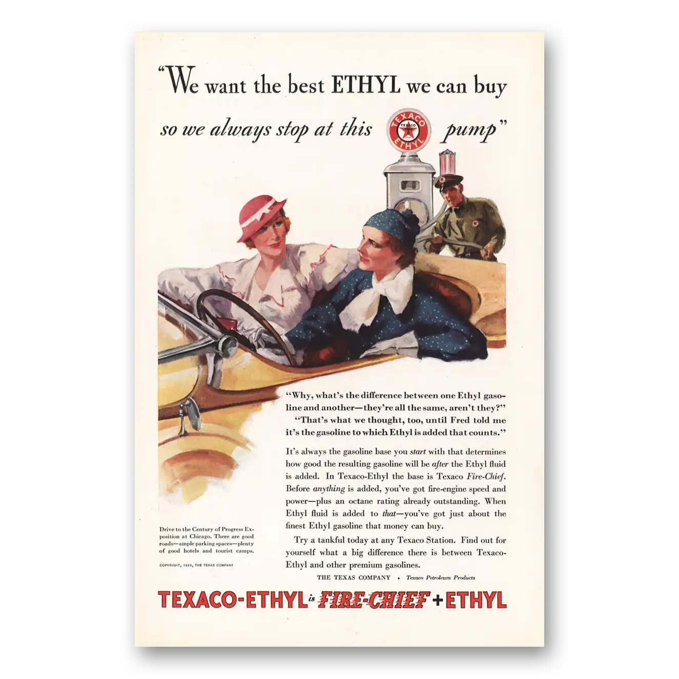 1933 Texaco Fire Chief Gasoline We Always Stop At This Pump Vintage Magazine Print Ad