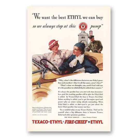 1933 Texaco Fire Chief Gasoline We Always Stop At This Pump Vintage Magazine Print Ad