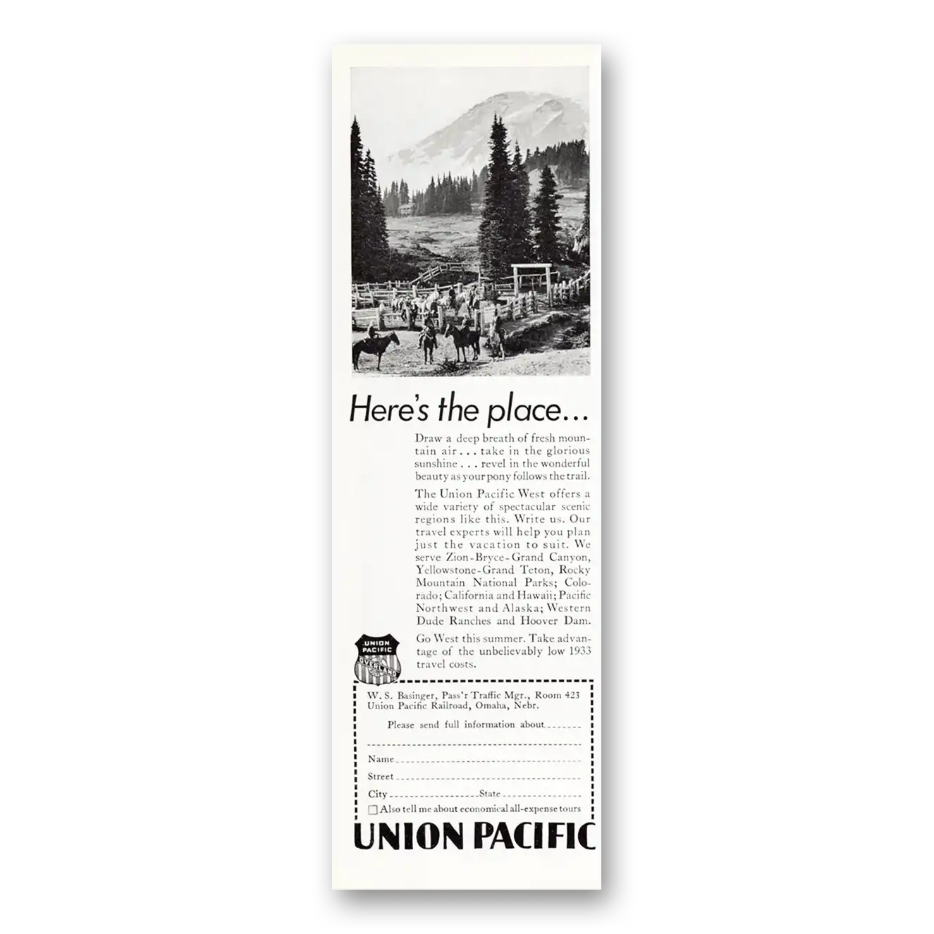 1933 Union Pacific Railroad Heres the Place Vintage Magazine Print Ad