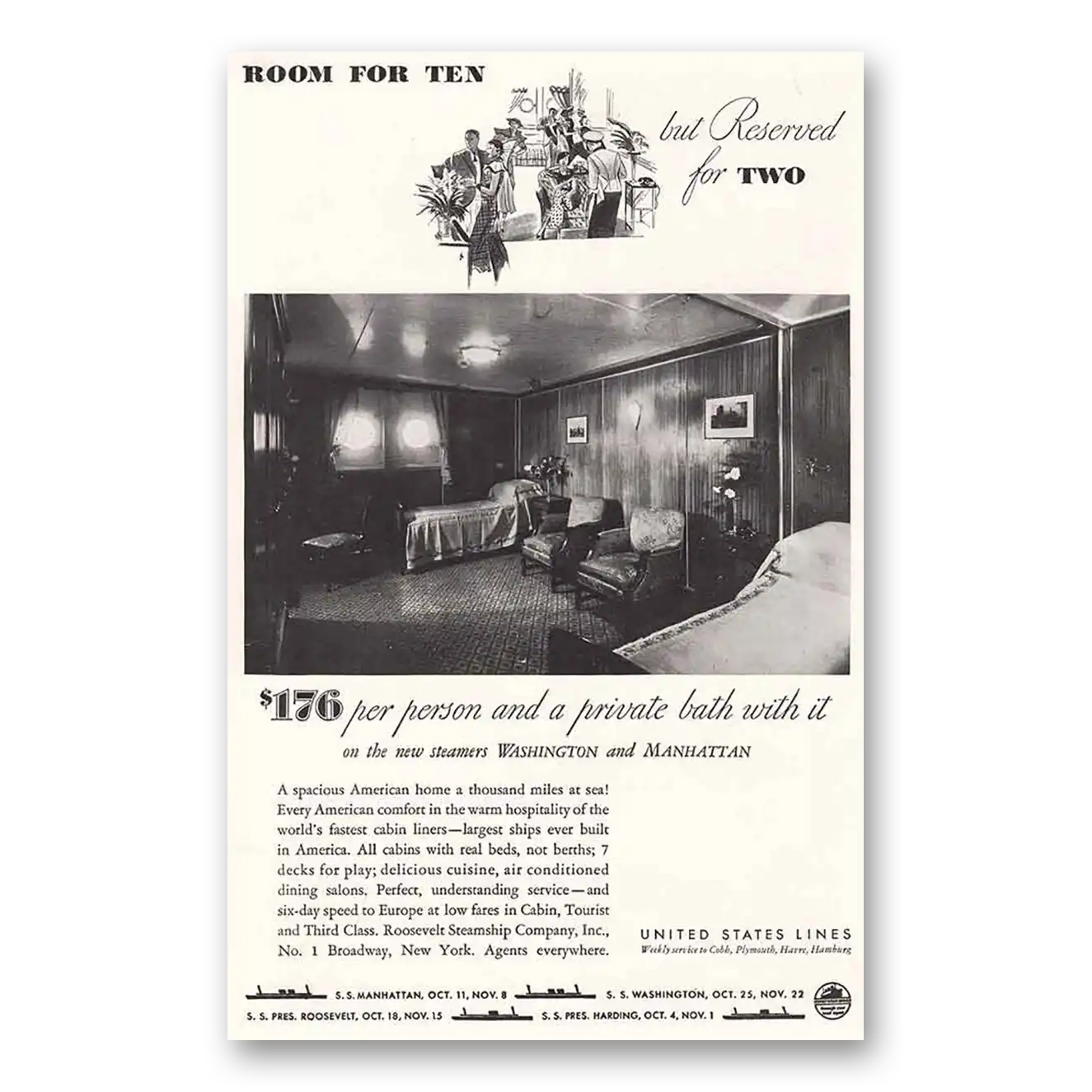 1933 United States Lines Room for Ten Vintage Magazine Print Ad