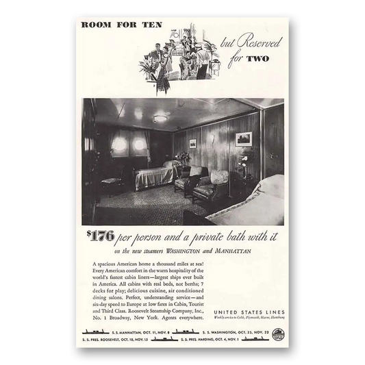 1933 United States Lines Room for Ten Vintage Magazine Print Ad