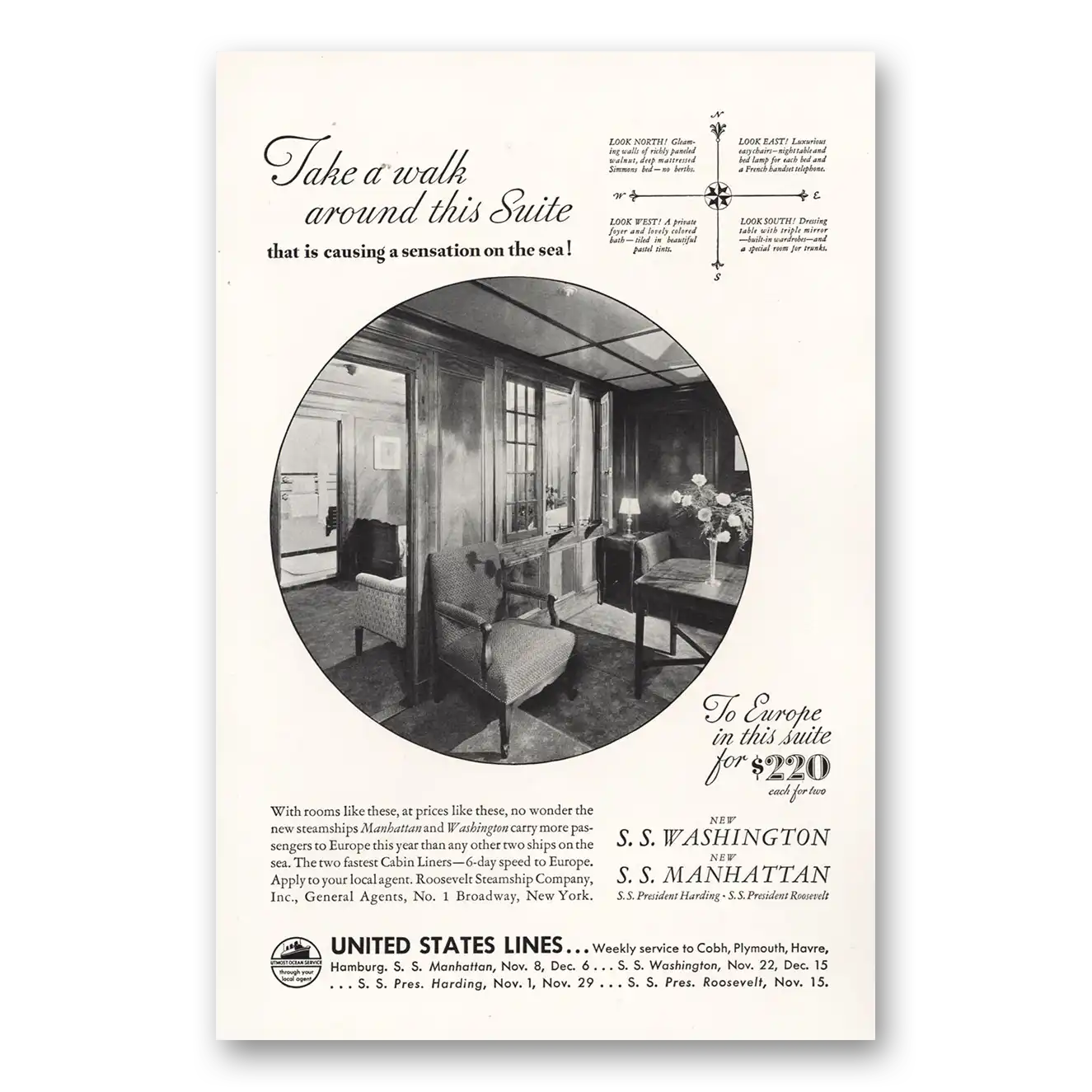 1933 United States Lines Talk a Walk Around This Suite Vintage Magazine Print Ad